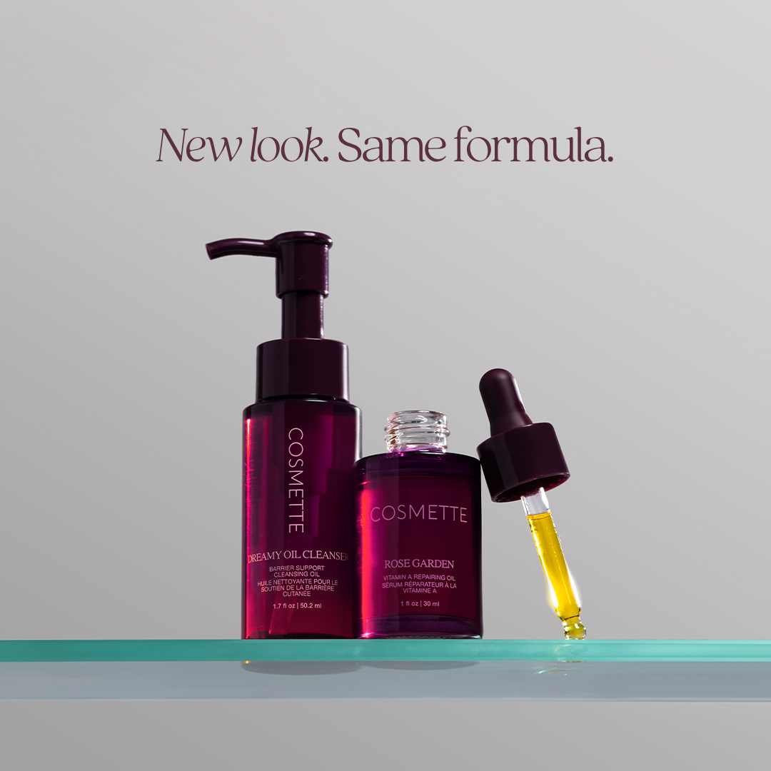 Dreamy Oil Detox deep pore oil cleanser and Rose Garden repairing facial treatment oil with dropper propped against the bottle skincare set image 