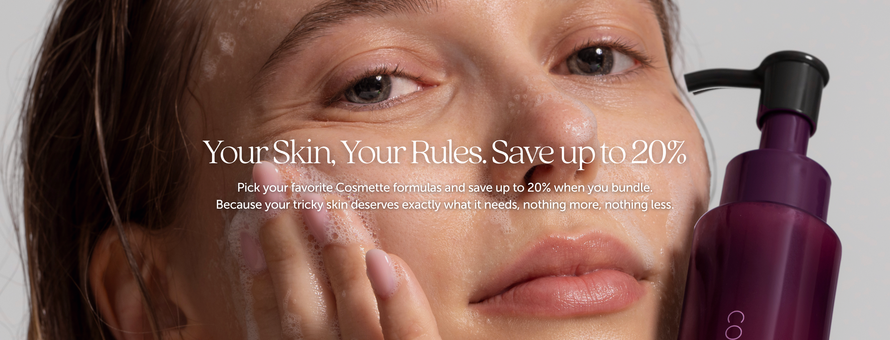 Model with cosmette skincare fresh awakening cleanser with 20% off promotion on it