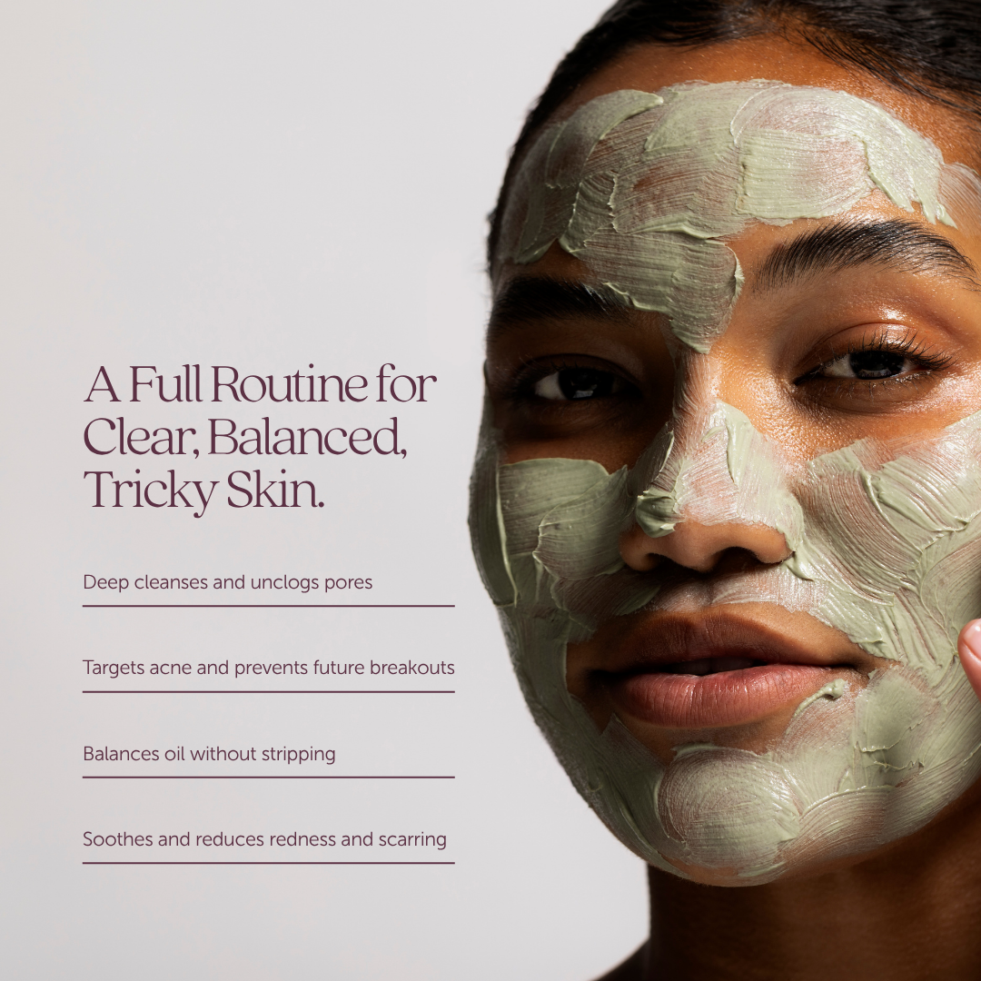Person applying Cosmette Clarity Face Mask with benefit text, unclogs pores, targets acne, prevents breakouts, soothes and reduces redness and scarring