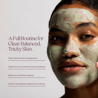 Person applying Cosmette Clarity Face Mask with benefit text, unclogs pores, targets acne, prevents breakouts, soothes and reduces redness and scarring