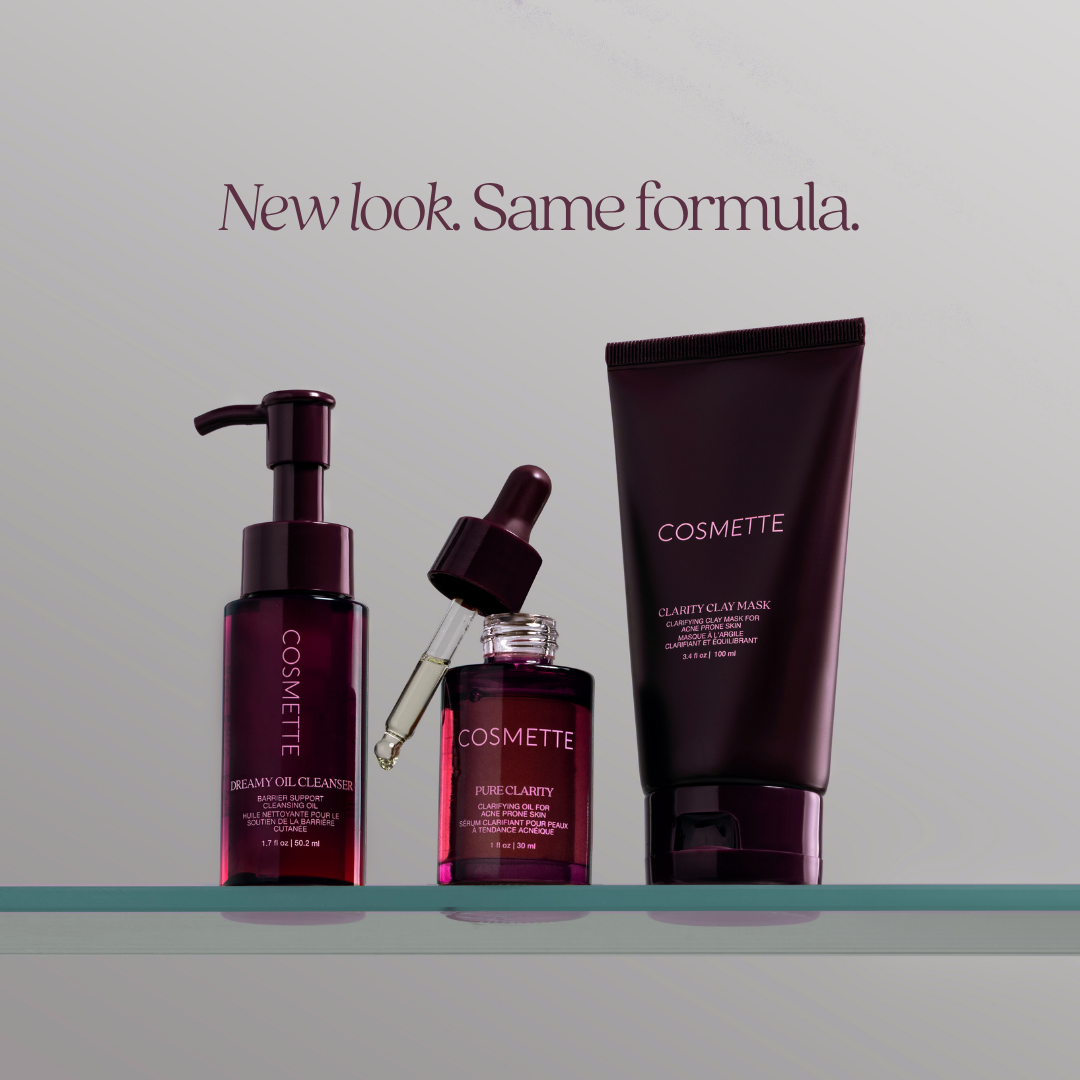 Cosmetic clear skin system products with 'Cosmette' branding on a gray background