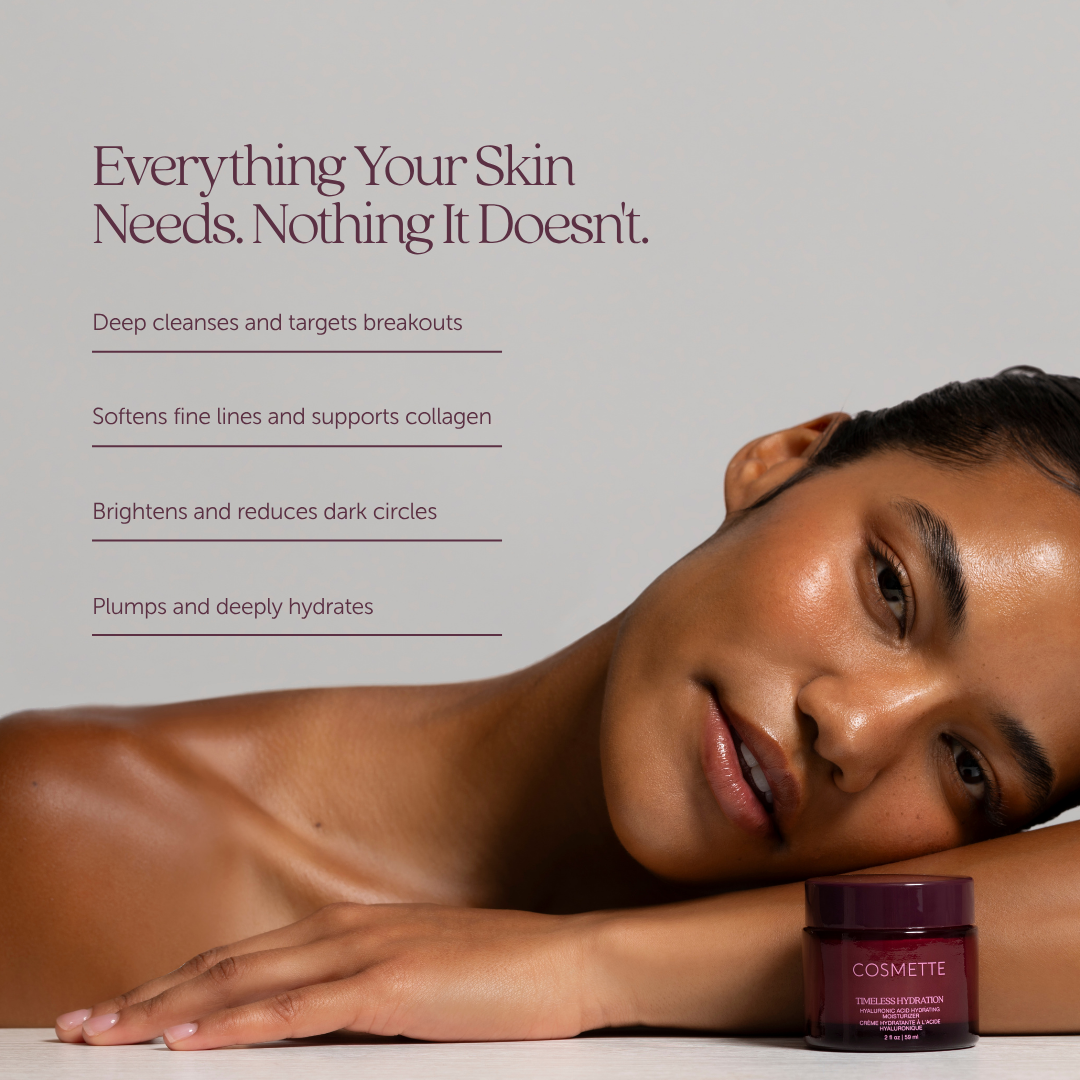 Woman lying down with Cosmette skincare product with benefits listed: deep clean, soften fine lines, support collagen, brighten and reduce dark circles, plump and hydrate