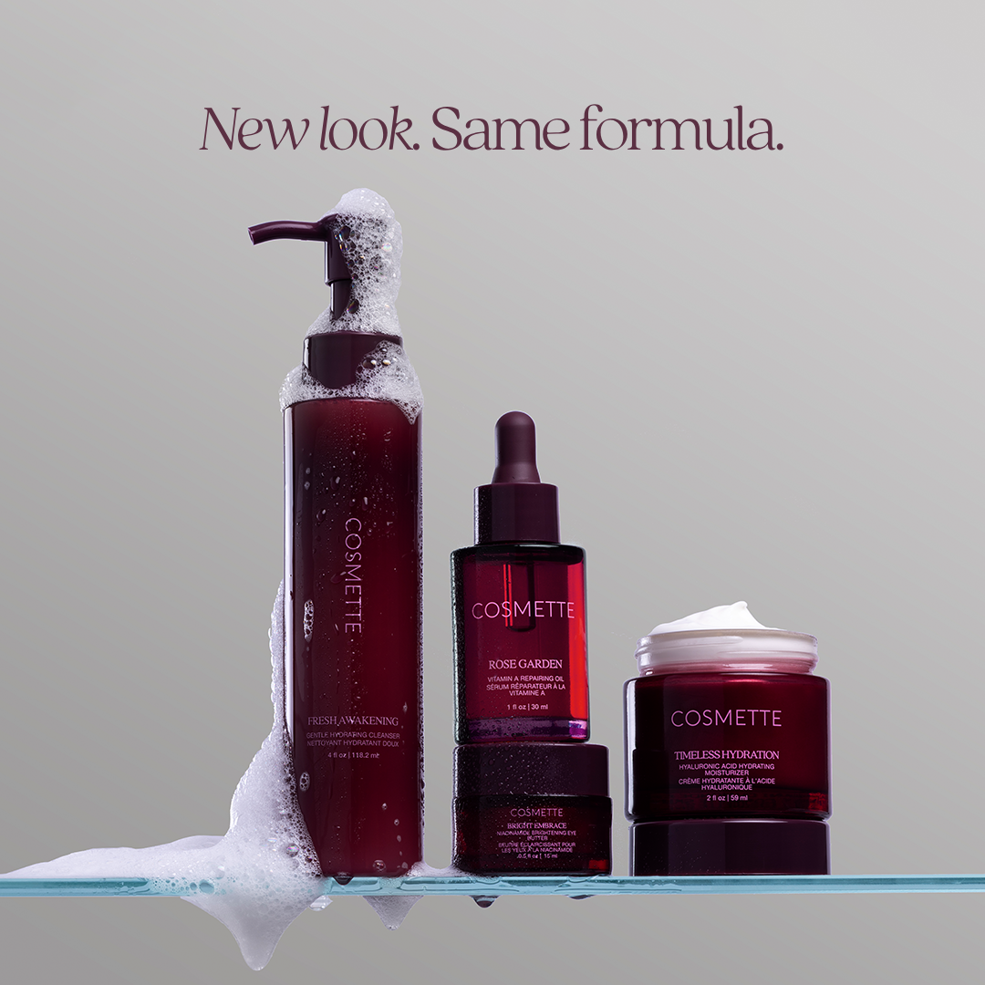 Set of Cosmette Skincare Core 4 on white background with new look same formula text