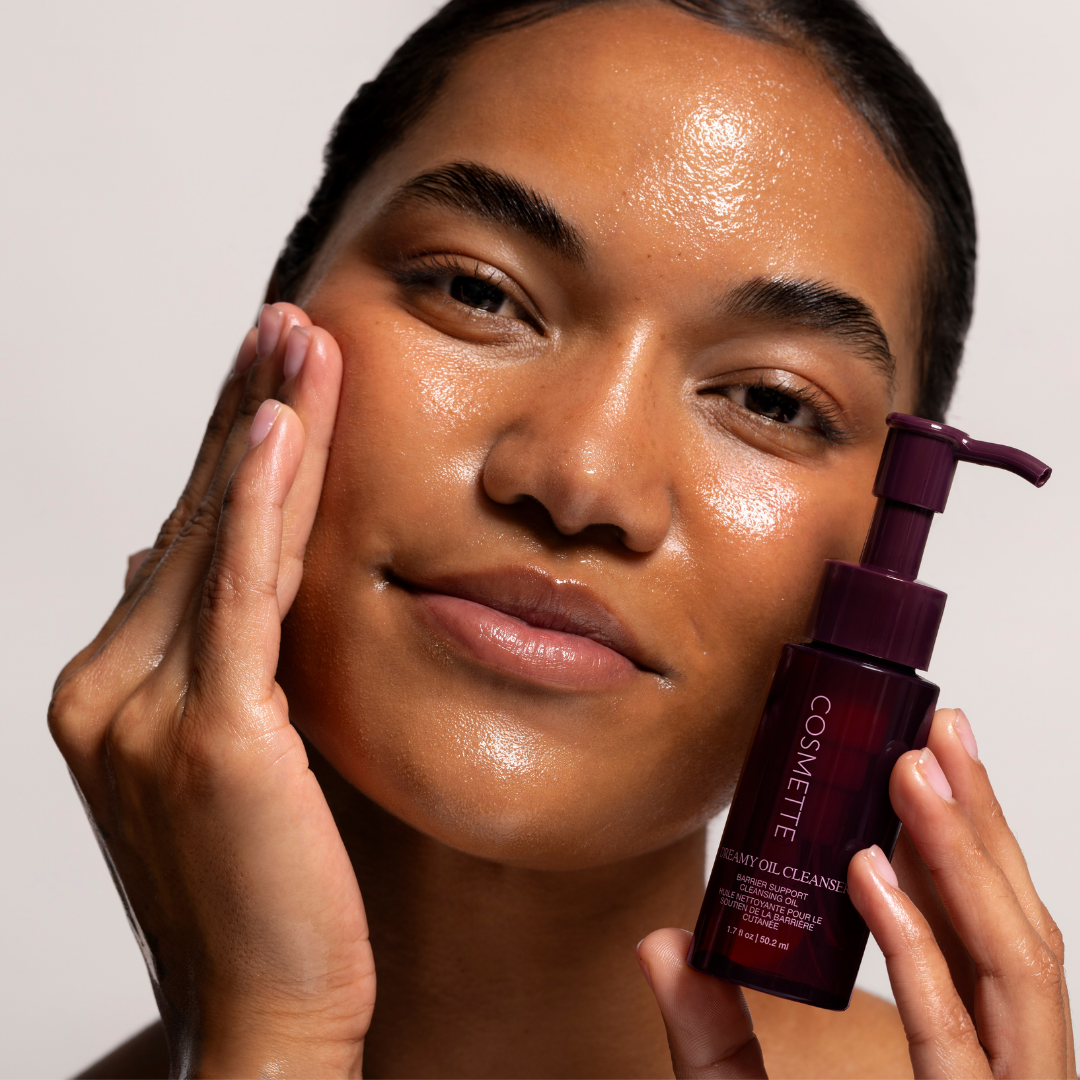 Model with clean skin posing in close up with Dreamy Oil Detox deep pore oil cleanser