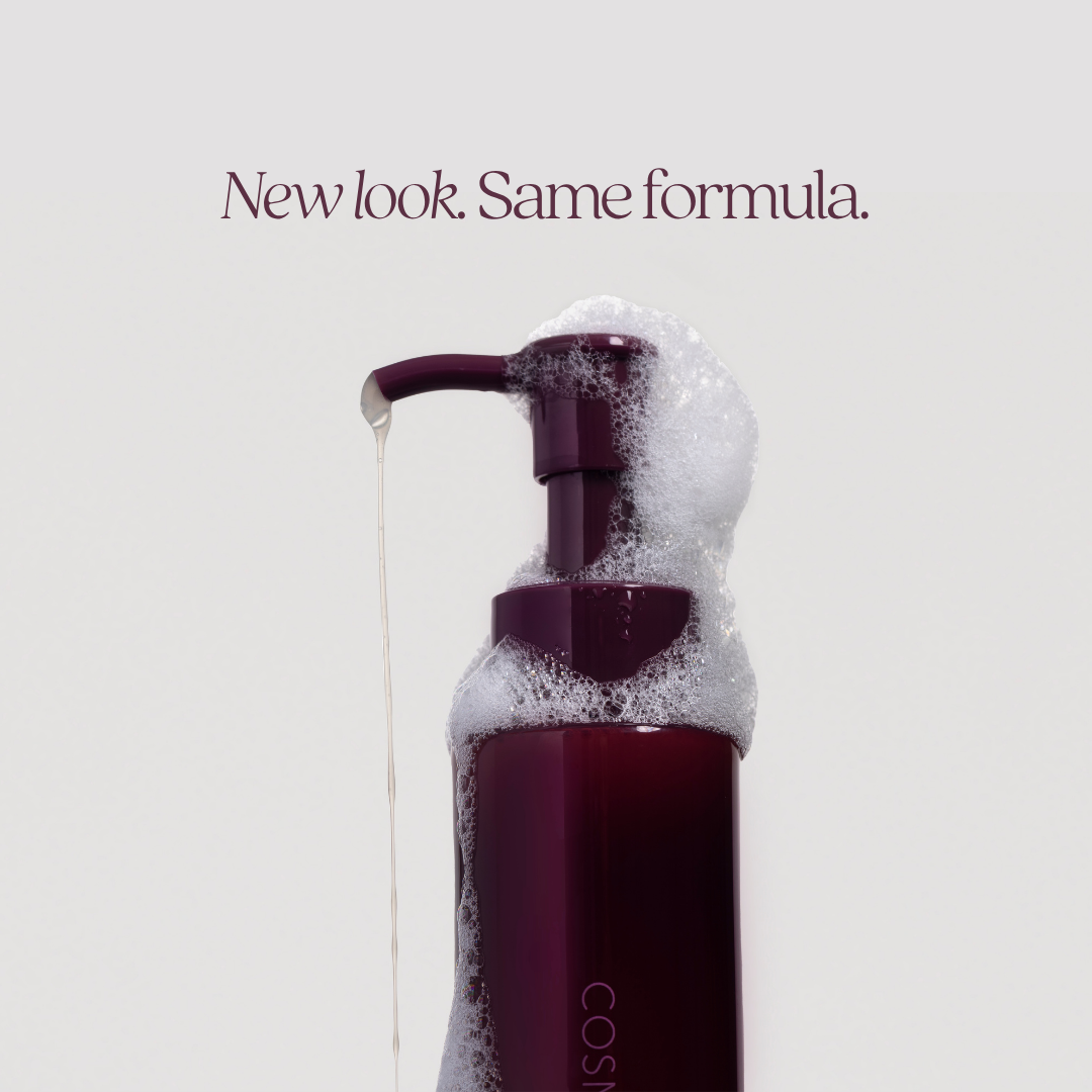 Fresh Awakening cleanser bottle with foam and 'New look. Same formula.' text on a light gray background