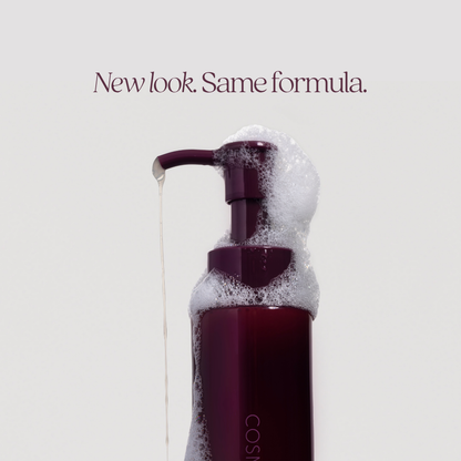 Fresh Awakening cleanser bottle with foam and 'New look. Same formula.' text on a light gray background