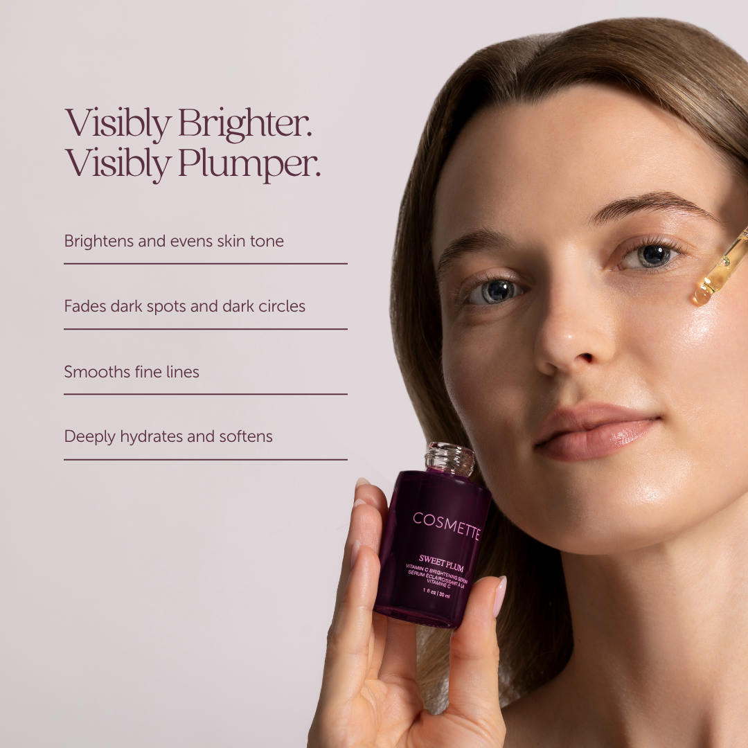 Woman holding Cosmette Sweet Plum bottle with product benefits listed on a light purple background: brighten and even skin ton, fade dark spots and dark circles, smooth fine lines, hydrate
