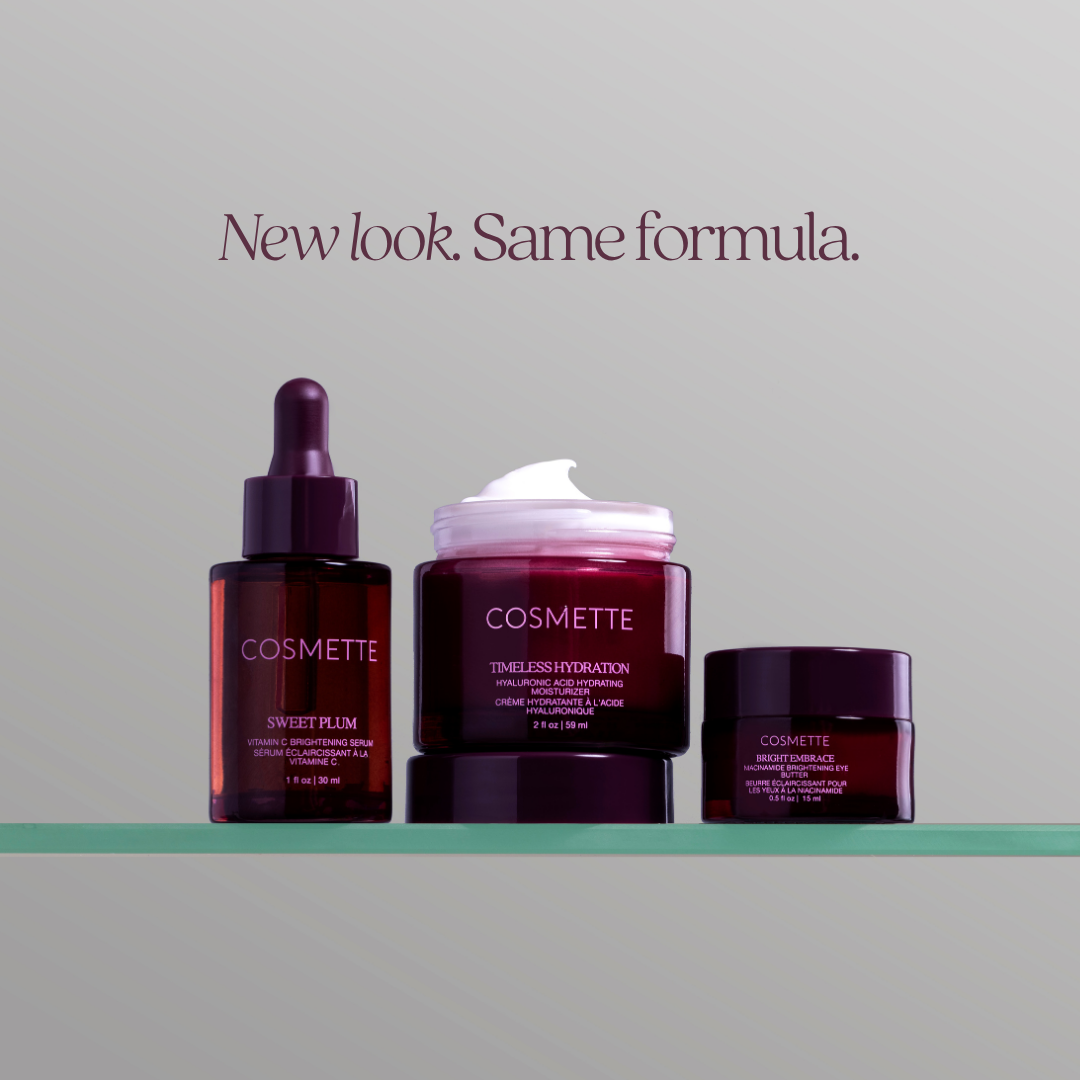 Cosmette products on shelf with 'New look Same formula' text on a gray background