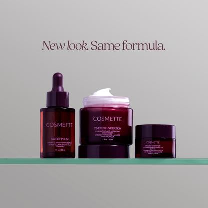 Cosmette products on shelf with 'New look Same formula' text on a gray background