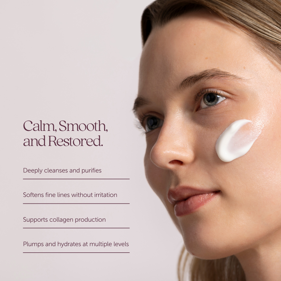 Woman with Timeless hydration on her face with product benefits listed on a light gray background: benefits of the bundle