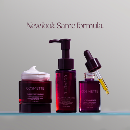 Cosmette skincare products including timeless hydration, dreamy oil cleanser, Rose garden oil, on a gray background with text 'New look Same formula'.