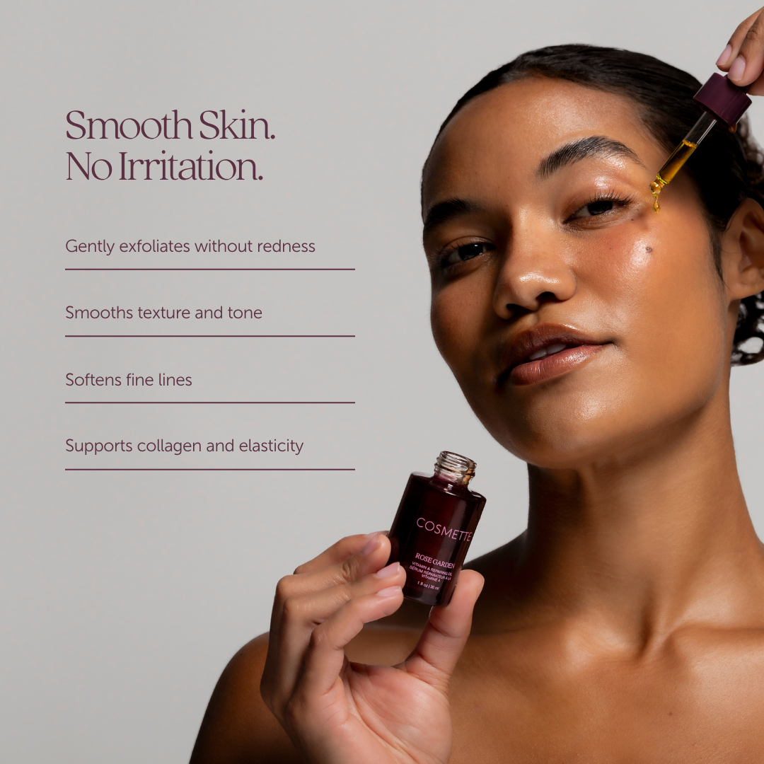 Woman using a Rose Garden serum from dropper with benefits listed on image: reduces redness, smoothes texture, softens fine lines, supports collagen