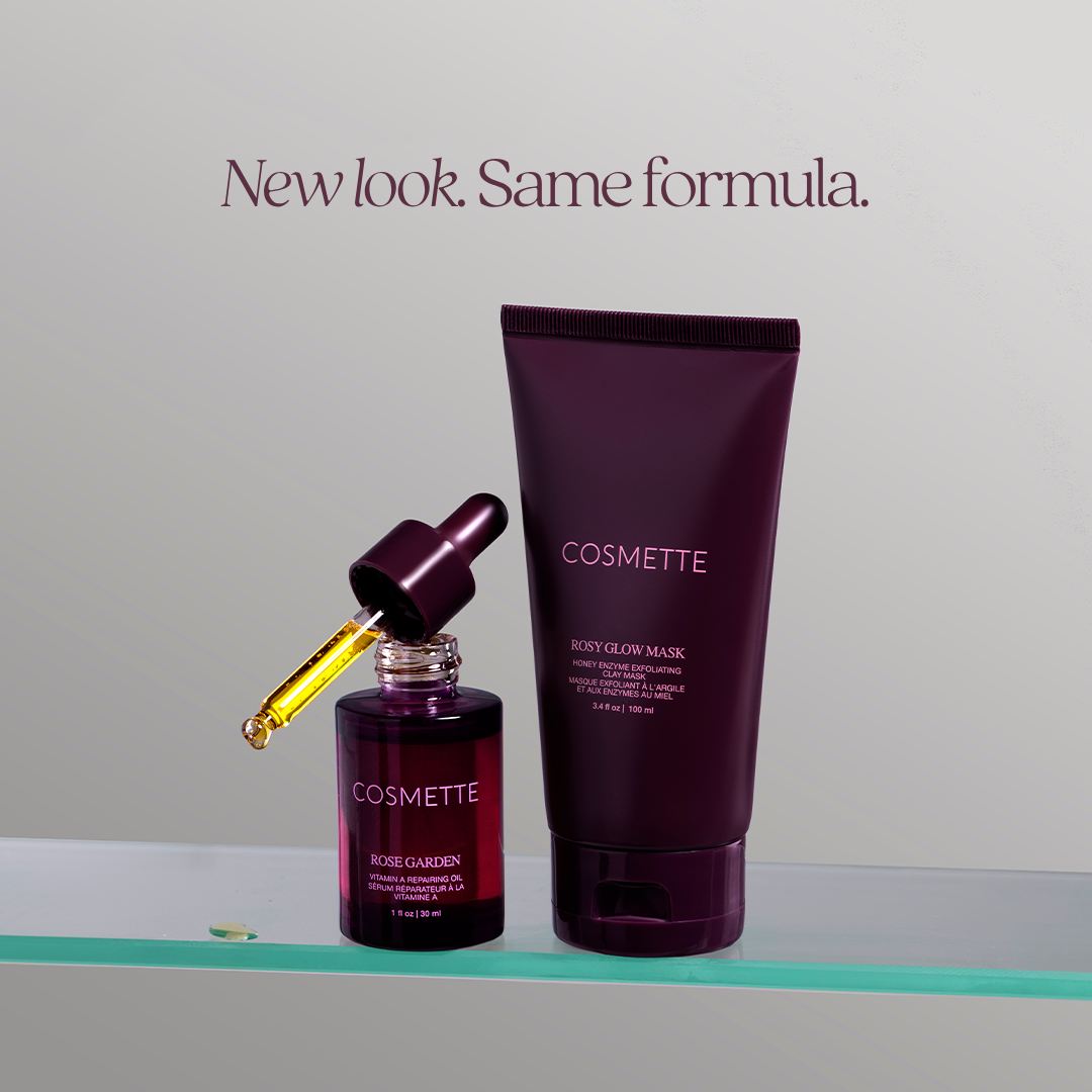 Cosmette Rosy Glow Mask and bottle on a light gray background with 'New look. Same formula.' text.