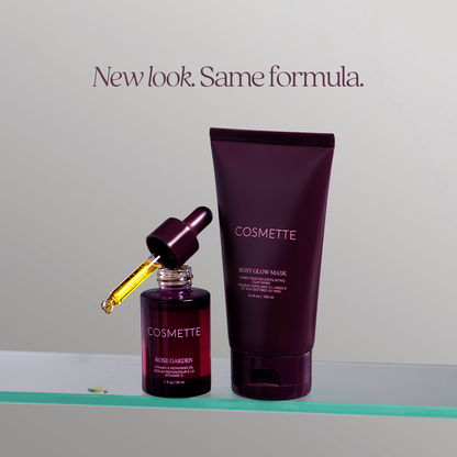 Cosmette Rosy Glow Mask and bottle on a light gray background with 'New look. Same formula.' text.