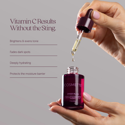 Sweet Plum Oil brightening facial oil benefits: brightens and evens tone, fades dark spots, deeply hydrating, protects the moisture barrier