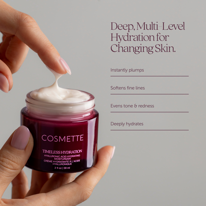 Timeless Hydration moisturizer benefits: instantly plumps, softens fine lines, evens tone and redness, deeply hydrates